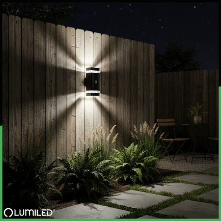 Lampa Ogrodowa Kinkiet Elewacyjny góra dół 2x GU10 Czarny Czujnik Ruchu i Zmierzchu IP54 HEDERA LUMILED