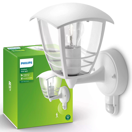Kinkiet Ogrodowy Lampa Elewacyjna Zewnętrzna LATARNIA E27 IP44 z Czujnikiem Ruchu i Zmierzchu Biała Creek Philips