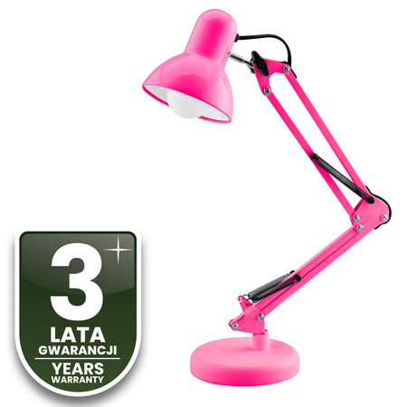 Lampka Biurkowa Kreślarska Stołowa E27 TOBI Różowa Lumiled + uchwyt na blat