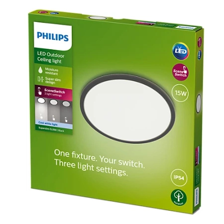 Lampa Ogrodowa Plafon LED 15W 1500lm 4000K IP54 SceneSwitch Czarna SuperSlim Philips