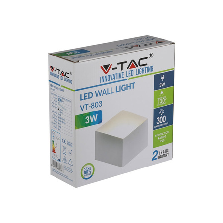 Lampa Elewacyjna Ścienna LED 3W 4000K IP20 Kinkiet Biała SAMSUNG CHIP VT-803 V-TAC