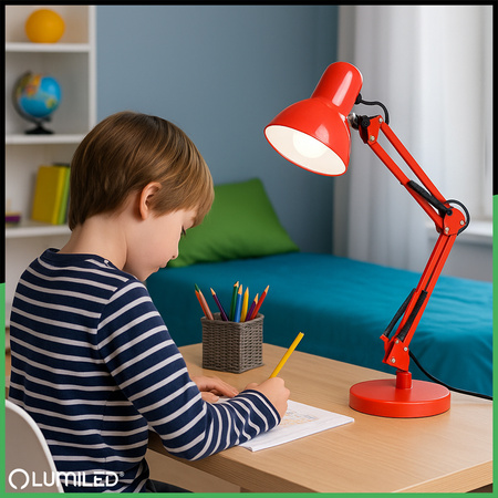 Lampka Biurkowa Kreślarska Stołowa E27 TOBI Czerwona Lumiled + uchwyt na blat