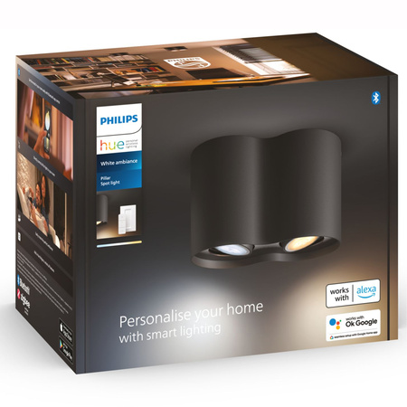 Oprawa Sufitowa Natynkowa LED Spot Pillar Czarny 2x4.2W CCT PHILIPS HUE Bluetooth Zigbee + Przełącznik Dimmer Switch