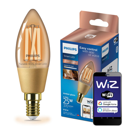 Żarówka LED E14 C35 4,9W = 25W Filament Bursztynowa SMART WiFi Philips WiZ