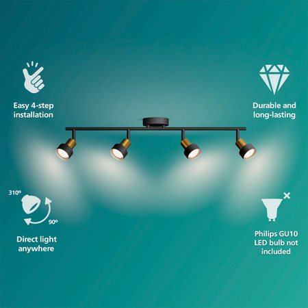 Lampa Sufitowa Reflektor 4x GU10 Czarna-Miedziana Conduit Philips