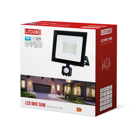 Naświetlacz LED Halogen 50W 4270lm 6500K IP65 Czarny Czujnik Ruchu MH Kobi