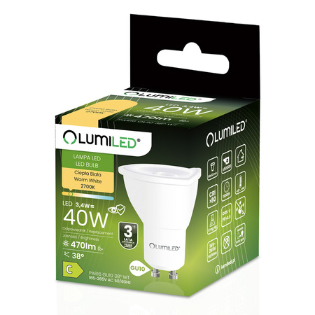 Żarówka LED GU10 Reflektor PAR16 3,4W = 40W 470lm 2700K Ciepła 38° LUMILED