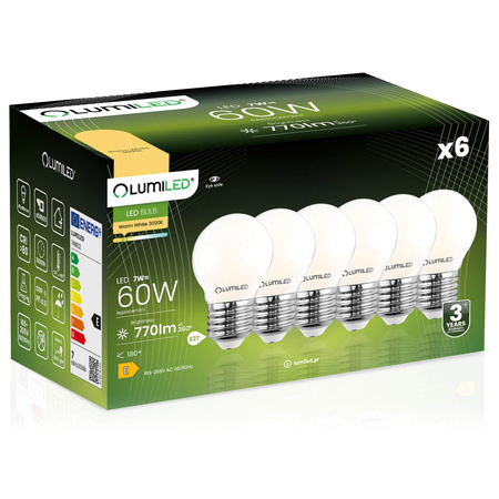 Zestaw 6x Żarówka LED P45 E27 7W = 60W 770lm 3000K Ciepła 360° Filament Mleczna LUMILED