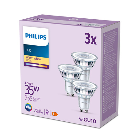 3x Żarówka LED GU10 Reflektor PAR16 3.5W = 35W 255lm 2700K Ciepła 36° EC Multipack Philips