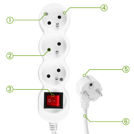 Przedłużacz Sieciowy Kabel z Uziemieniem Listwa Zasilająca 3 Gniazda 3m Włącznik ON/OFF Biały Sznur Lendo Lumiled