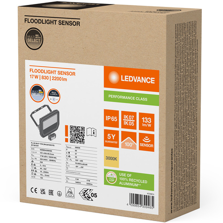 Naświetlacz LED Reflektor Zewnętrzny Lampa 17W 2200lm 3000K IP65 Biały Z Czujnikiem Ruchu i Zmierzchu Floodlight Ledvance