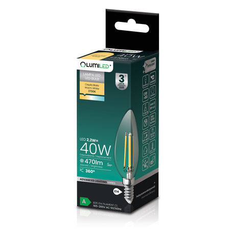 Żarówka LED E14 Świeczka B35 2,2W 470lm = 40W 2700K Ciepła 360° Filament KLASA A LUMILED