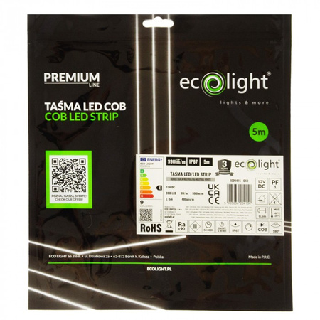 Taśma LED Pasek COB 9W/m 990lm/m 480LED/m 12V 4000K Neutralna CRI90 IP67 Rolka 5m Ecolight