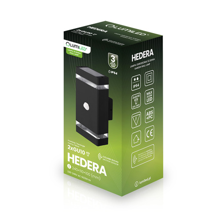 Lampa Ogrodowa Kinkiet Elewacyjny góra dół 2x GU10 Czarny Czujnik Ruchu i Zmierzchu IP54 HEDERA LUMILED