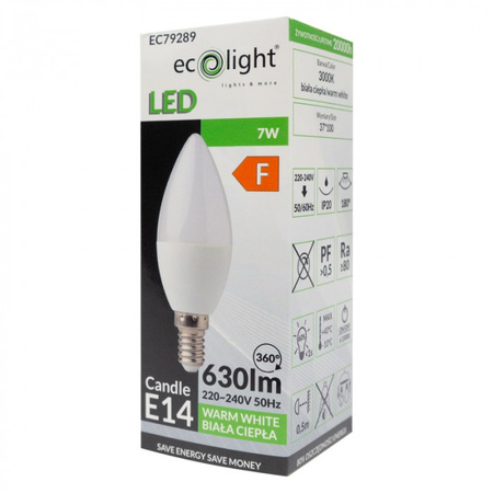 Żarówka LED Świeczka B37 E14 7W 630lm 3000K Ciepła Ecolight