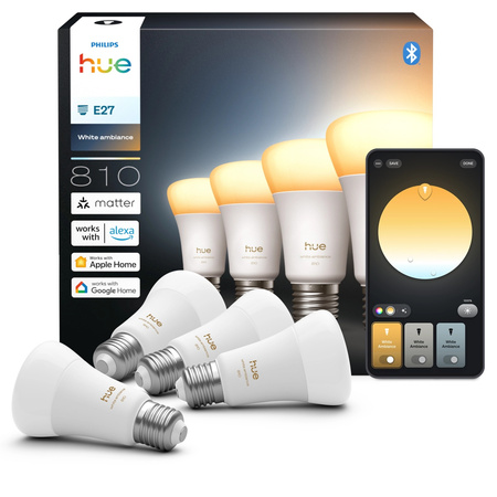 4x Żarówka LED E27 A60 6W = 60W 810lm 1800-20000K CCT SMART Inteligentna Bluetooth ZigBee White Ambiance Philips HUE