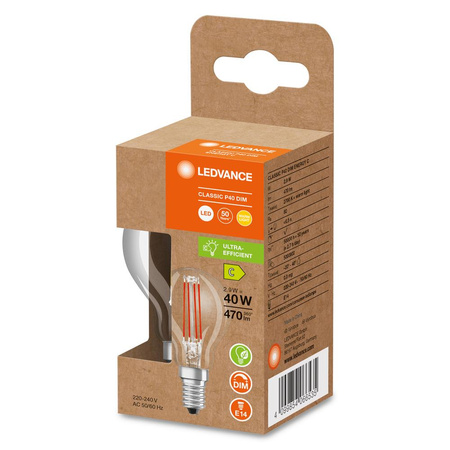 Żarówka LED P45 E14 2.9W = 40W 470lm 2700K Ciepła Biała FILAMENT ŚCIEMNIALNA LEDVANCE