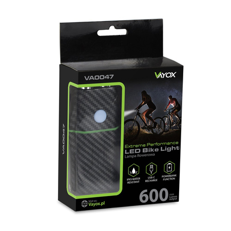 Latarka Lampka Przednia Rowerowa LED USB-C Uchwyt 6 Trybów 600lm IP65 Funkcja Powerbank VAYOX