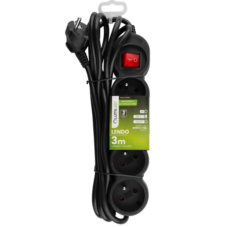 Przedłużacz Sieciowy Kabel z Uziemieniem Listwa Zasilająca 4 Gniazda 3m Włącznik ON/OFF Czarny Sznur Lendo Lumiled