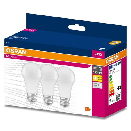 3x Żarówka LED A60 E27 10W = 75W 1055lm 3000K Ciepła 200° VALUE CLASSIC Osram