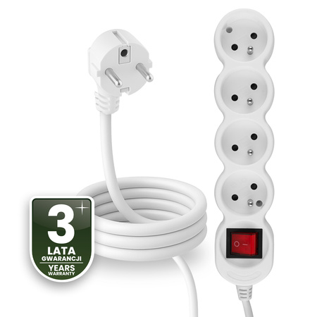 Przedłużacz Sieciowy Kabel z Uziemieniem Listwa Zasilająca 4 Gniazda 1.5m Włącznik ON/OFF Biały Sznur Lendo Lumiled