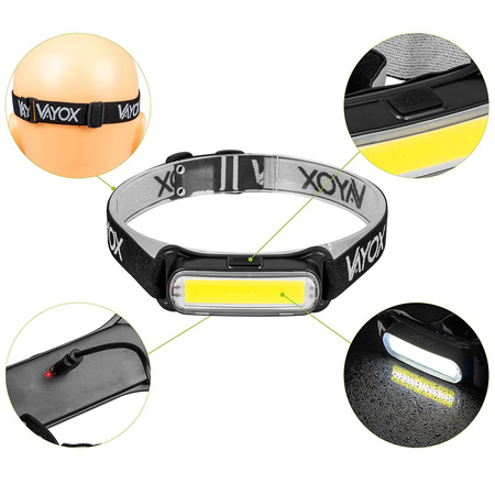 Latarka Czołowa Akumulatorowa 300lm COB LED 4 Tryby Pracy VAYOX