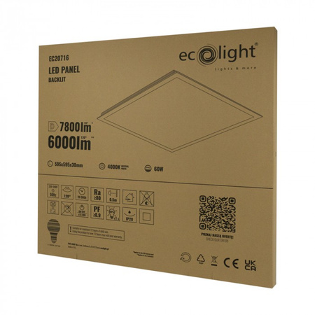 Panel LED 60x60 Kaseton Wpuszczany Podtynkowy 60W 7800lm 4000K Neutralna Biały Backlit Ecolight