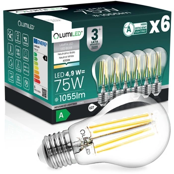 6x Żarówka LED E27 A60 4,9W 1055lm = 75W 4000K Neutralna 360° Filament KLASA A LUMILED