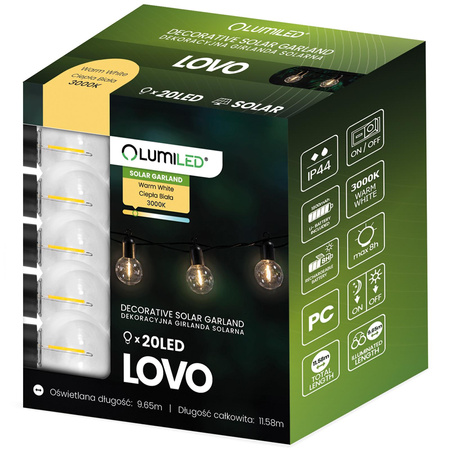 Girlanda Solarna Ogrodowa 20x LED Ozdobne Kuleczki 11.58m 3000K Ciepła LOVO LUMILED