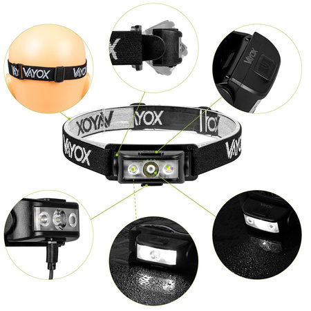Latarka Czołowa Akumulatorowa 100lm 100LM LED + 2XLED 5 Trybów Pracy VAYOX
