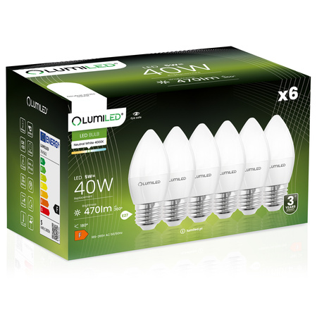 Zestaw 6x Żarówka LED E27 B35 5W = 40W 470lm 4000K Neutralna 180° LUMILED