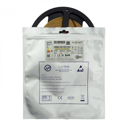 Taśma LED Pasek COB 7W/m 560lm/m 480LED/m 12V 3000K Ciepła IP20 Rolka 5m Ecolight