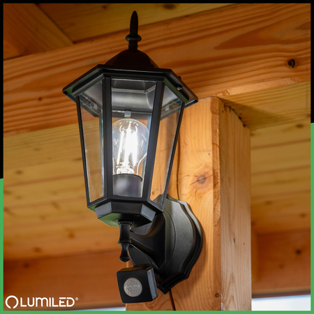 Lampa Ogrodowa Kinkiet Elewacyjny Zewnętrzny E27 LED Latarnia Czujnik Ruchu BELLIS Czarna LUMILED