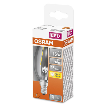 Żarówka LED B35 Świeczka E14 1.5W = 15W 136lm 2700K Ciepła 300° Retrofit Filament CLASSIC Osram