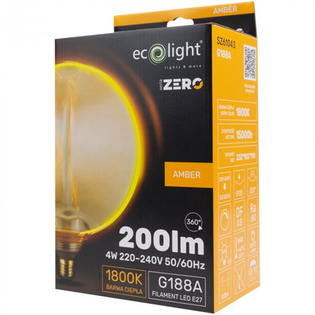 Żarówka LED Kula G188 E27 4W 200lm 1800K Ciepła FILAMENT Dekoracyjna ZERO Ecolight