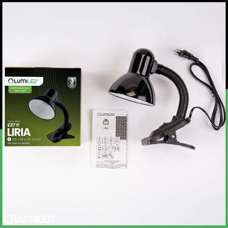 Lampka Biurkowa Stołowa Regulowana LIRIA Szkolna Nocna E27 Klips Czarna LUMILED
