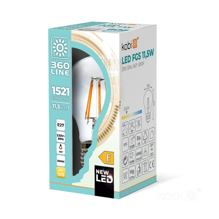 Żarówka LED E27 A60 11,5W 1521lm 3000K Ciepła 360° Filament KOBI FGS