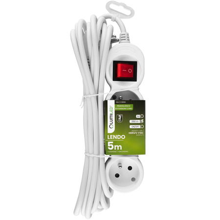 Przedłużacz Sieciowy Kabel z Uziemieniem Listwa Zasilająca 3 Gniazda 5m Włącznik ON/OFF Biały Sznur Lendo Lumiled