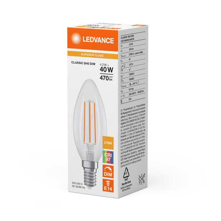 Żarówka LED B35 E14 4.2W = 40W 470lm 2700K Ciepła Biała FILAMENT ŚCIEMNIALNA LEDVANCE