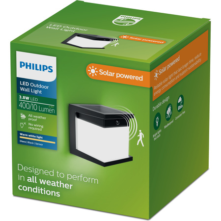 Kinkiet Ogrodowy Lampa Zewnętrzna Elewacyjna Solarny 3.8W 400lm 2700K Ciepła IP44 Czarna z Czujnikiem Ruchu Diara Philips