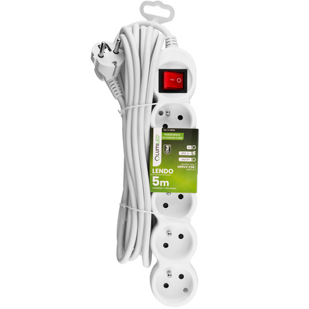 Przedłużacz Sieciowy Kabel z Uziemieniem Listwa Zasilająca 5 Gniazd 5m Włącznik ON/OFF Biały Sznur Lendo Lumiled