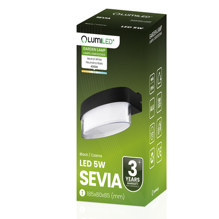 Lampa Elewacyjna LED Zewnętrzna Ścienna Kinkiet Ogrodowy Ciepła 4000K 5W IP54 SEVIA Czarna LUMILED