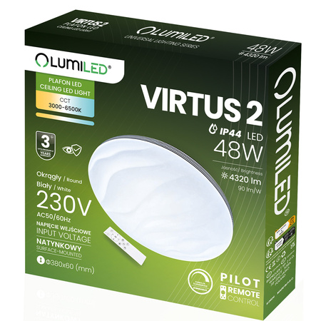 Plafon LED Lampa Sufitowa Natynkowa VIRTUS2 48W IP44 CCT Biały Okrągły 38cm + PILOT LUMILED