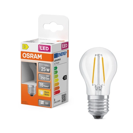 Żarówka LED P45 E27 A60 1.8W = 25W 250lm 2700K Ciepła 300° Filament STAR CLASSIC Osram
