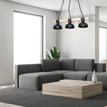 Lampa Wisząca Sufitowa FARO Czarna Drewno Naturalne 3xE27 60W Milagro