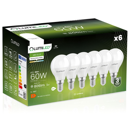 Zestaw 6x Żarówka LED E14 P45 8W = 60W 806lm 4000K Neutralna 180° LUMILED