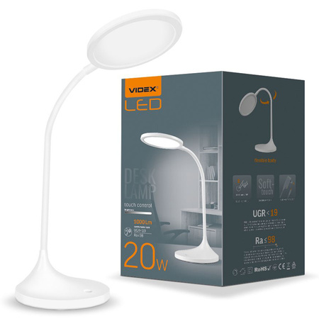 Lampka Biurkowa LED 20W 1700lm 4100K Neutralna CRI98 Biała Ściemnialna Videx