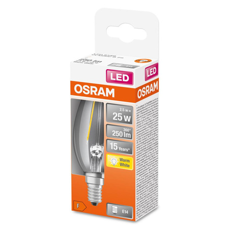 Żarówka LED B35 Świeczka E14 2.5W = 25W 250lm 2700K Ciepła 300° Retrofit Filament CLASSIC Osram