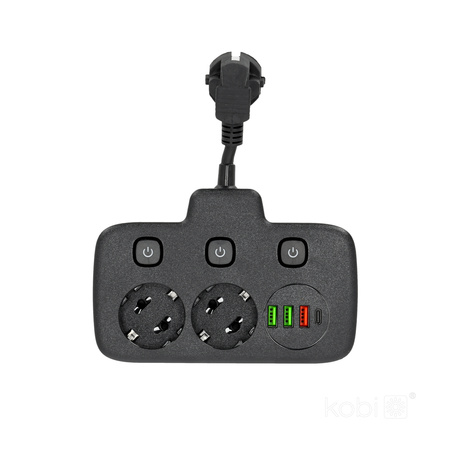 Rozgałęźnik KOBI LINEA FL 2x230V Uziemienie 3 Wyłączniki 4xUSB Czarny