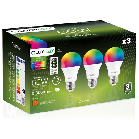 3x Żarówka LED E27 A60 9W = 60W 806lm 6500K + RGB Wielokolorowa 260° Ściemnialna Pilot LUMILED